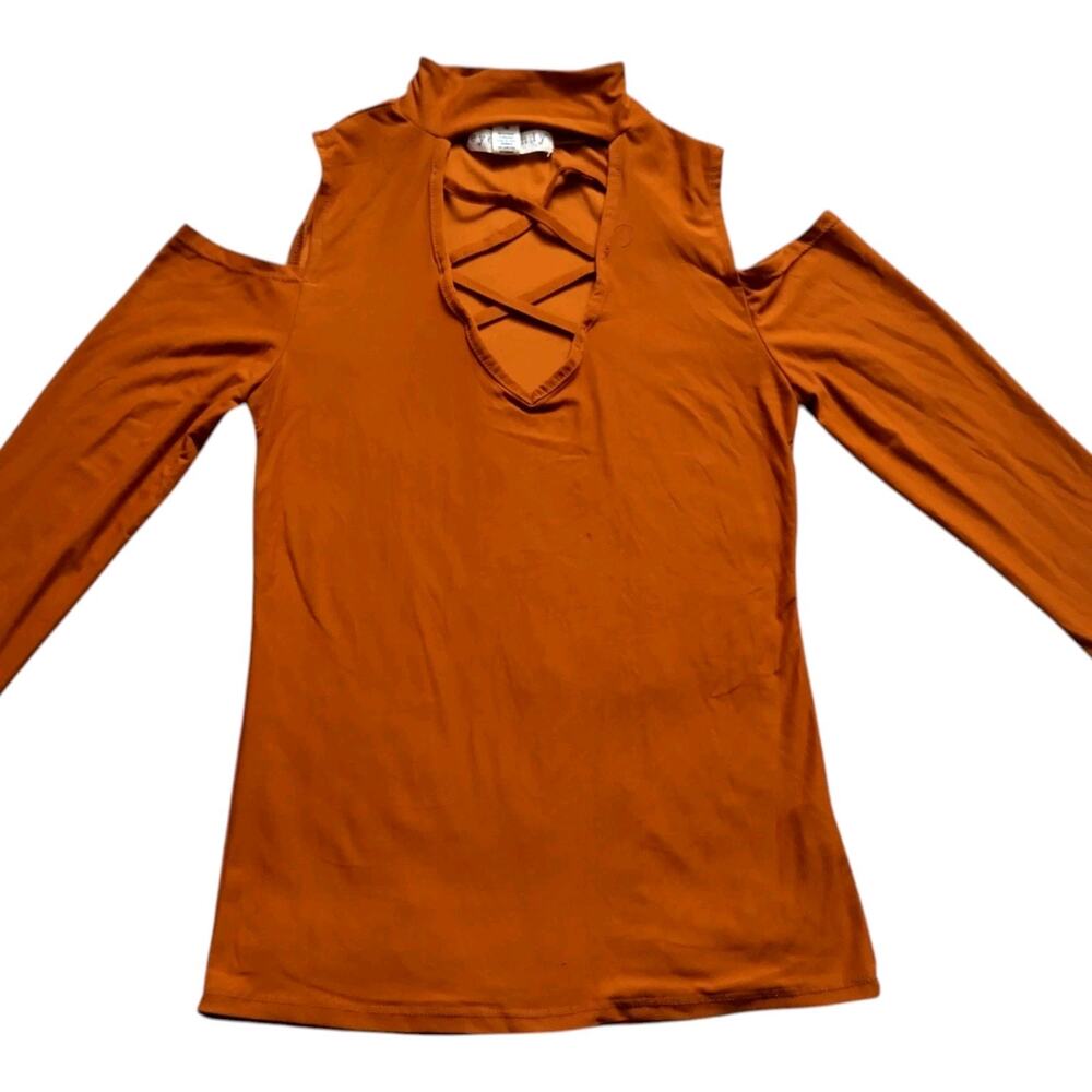 Women's Vintage Eye Candy Shoulder Cut Out Long Sleeve Top, Medium, Copper
